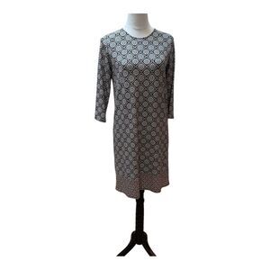 Geometric Print Knit Casual Travel Dress Black White Peach Blue 3/4 Sleeve Sz XS